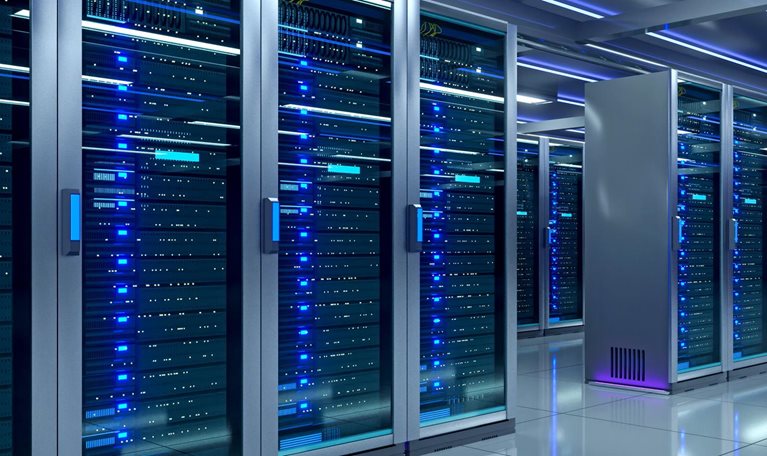 A modern data center filled with rows of illuminated server racks extending into the distance under bright blue lighting.