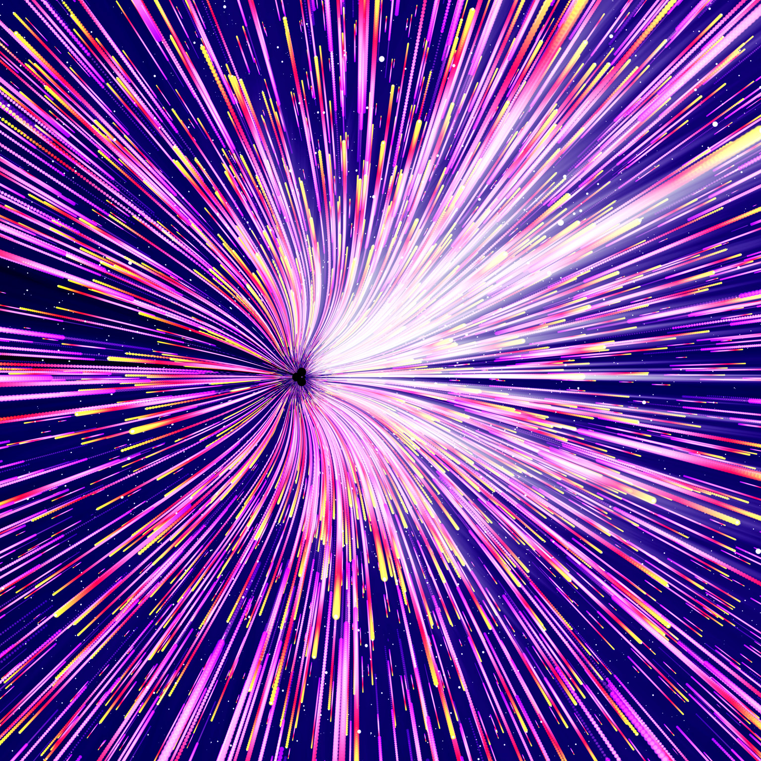 Multicolored light trails moving at high speed and radiating out from a single point. 