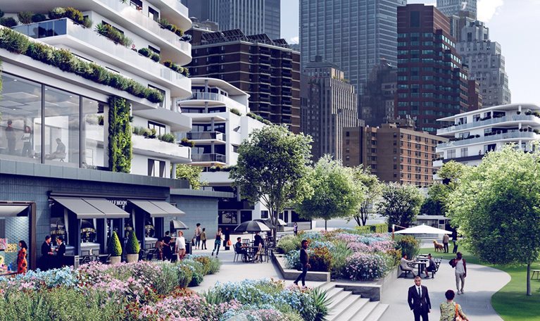 A photorealistic scene of a mixed-use development with older office buildings looming in the background. The foreground is bustling with shoppers and office professionals walking along wide sidewalks alongside multistory buildings with stores and eateries on the lower levels and offices and apartments above them.