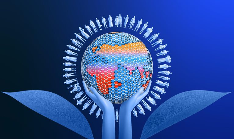 Two arms extend toward the middle of the image with a turning globe cradled in their hands. Two large leaves stretch out from either side of the arms and softly move as if in a breeze. The image resembles a flower, with the outstretched arms the stalk and the ring of people the petals.