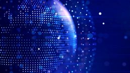 Abstract graphic world map illustration on blue background, big data and networking concept