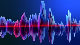 A vibrant abstract image of a waveform-like structure, symmetrical and balanced, with peaks and valleys intersected by a vivid red line.