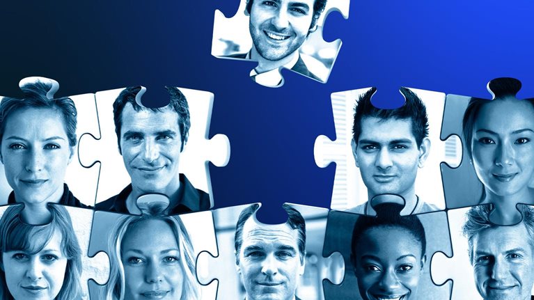 A picture of a puzzle with different faces on each pieces, with a missing piece in the middle and another flying off.