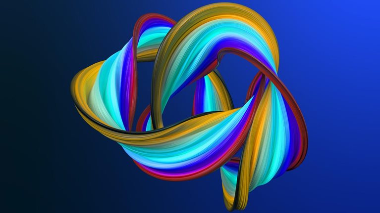 An abstract ribbon that twists and overlaps, resembling a multicolored mobius strip. The ribbon is striped with colors including yellow, orange, teal, blue, and purple, and it is set against a dark blue background.