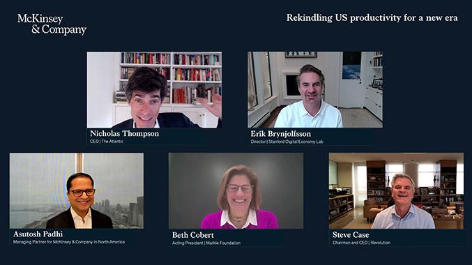 US productivity webinar Nicholas Thompson, Erik Brynjolfsson, Austosh Padhi, Beth Cobert, Steve Case