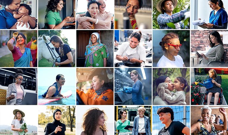A collection of images of a diverse group of women of all ages and ethnicities, engaged in a variety of activities and professions.