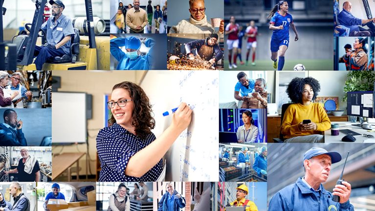 A video collage features a diverse array of people engaged in various professions and daily activities, including healthcare, manufacturing, education, technology, sports, and caregiving. The video is comprised of two mosaic scenes, each beginning in black and white and transitioning to color, thereby highlighting the message of enhancing workplace health.