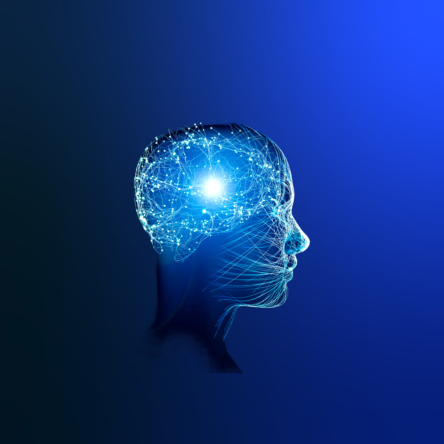 A stylized profile of a human head depicted in blue hues, with an illuminated network of lines and nodes symbolizing neural activity within the brain. 