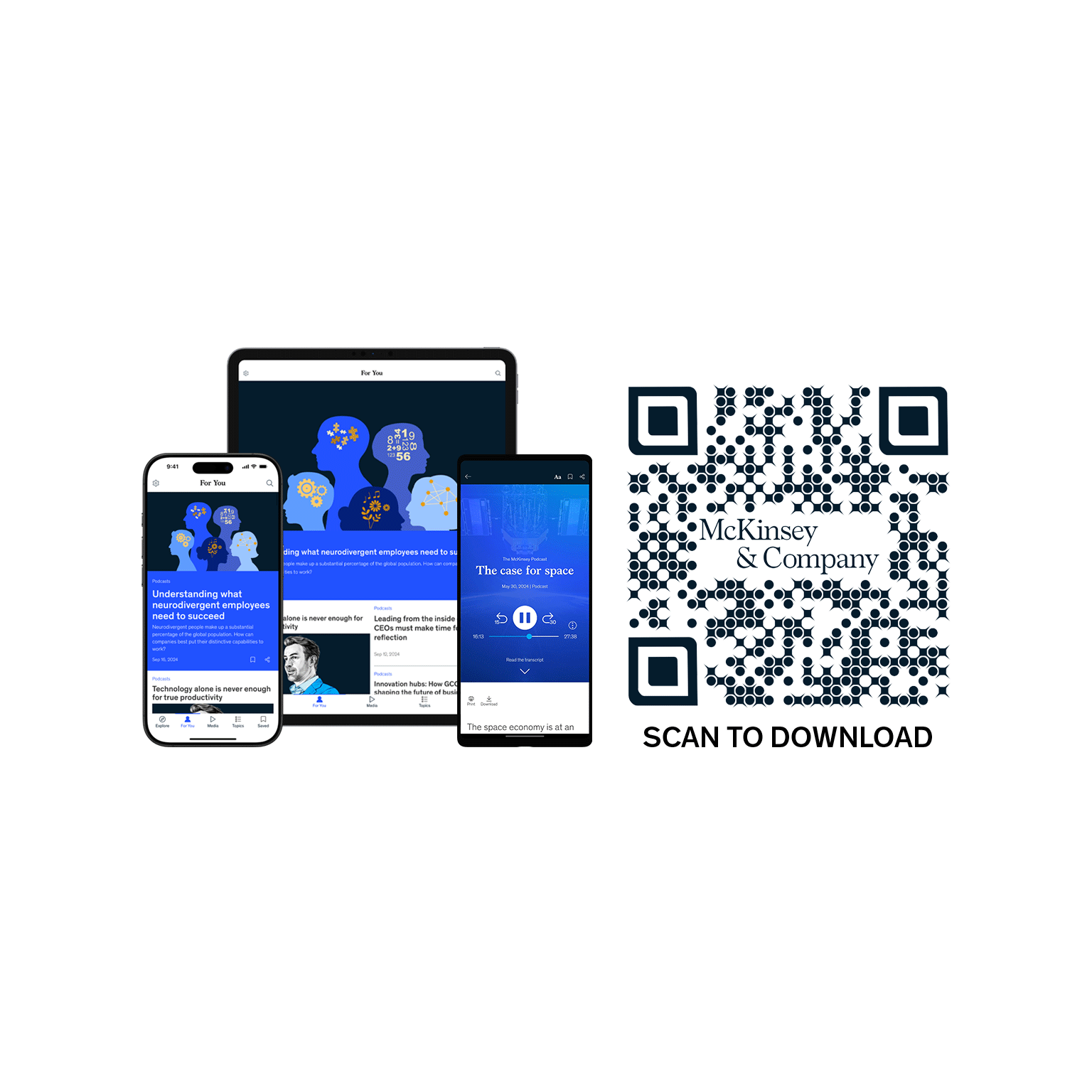 An iPhone, iPad, and Android phone with the McKinsey Insights app installed, shown next to a QR code that reads 'Scan to download'