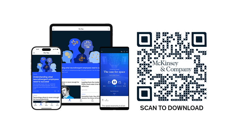 An iPhone, iPad, and Android phone with the McKinsey Insights app installed, shown next to a QR code that reads 'Scan to download'