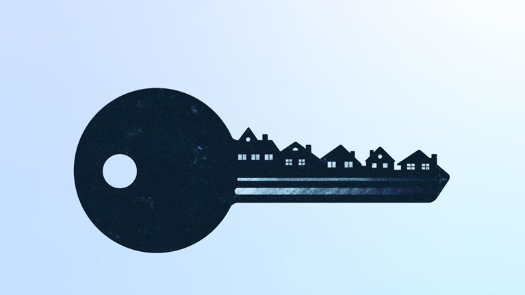 A dark blue outline of a key with a bit made up of a line of houses of different sizes, implying property ownership and the housing market. The key is contrasted against a pale blue backdrop.