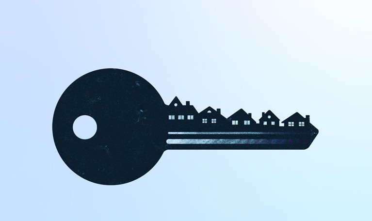 A dark blue outline of a key with a bit made up of a line of houses of different sizes, implying property ownership and the housing market. The key is contrasted against a pale blue backdrop.