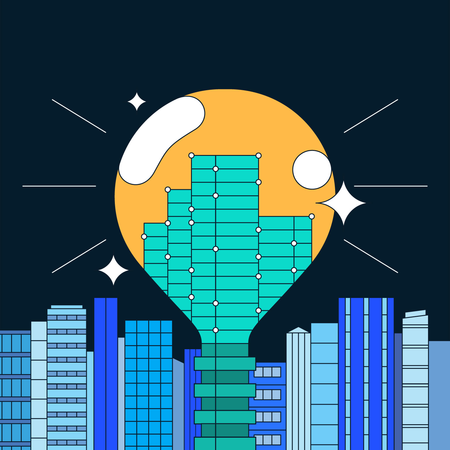 An animation of a light bulb growing from within the skyline of a city. As the light bulb grows larger amid the skyline, it sparkles and shines and reveals an office building inside of it.