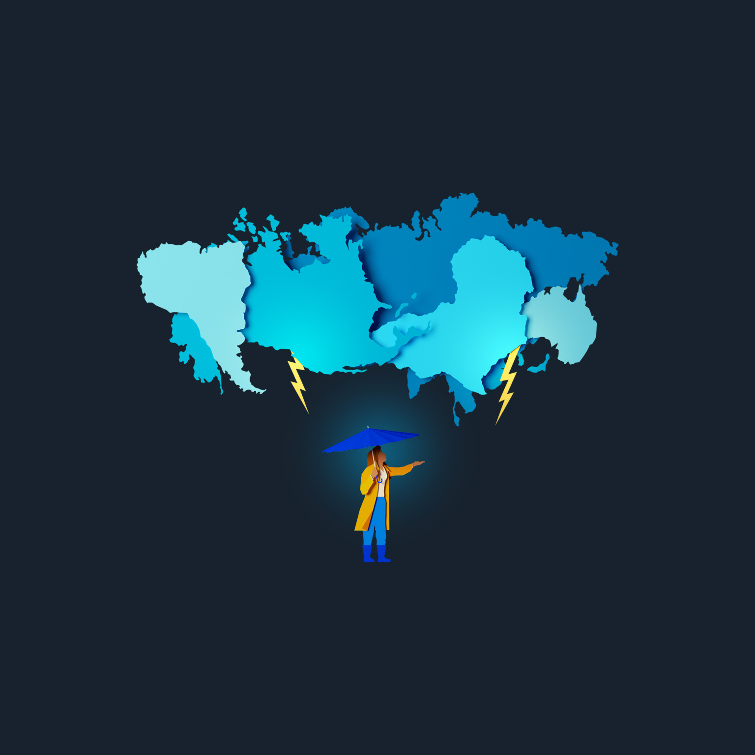 An image of a person wearing a raincoat holding an umbrella. The person has an outstretched hand as if trying to check if it’s raining. Overhead, cutout images of the world’s continents are arranged in a jumbled, overlapping manner and are shaded to look like storm clouds. Bolts of lightning emit from the group of continents.